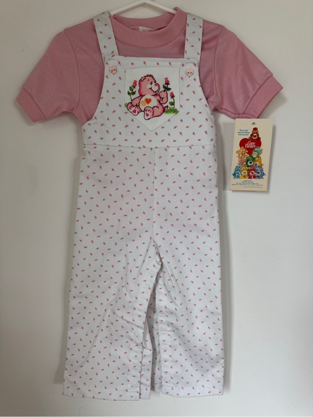 Care Bears NWT deadstock vintage girls overalls and top set rosettes pink white